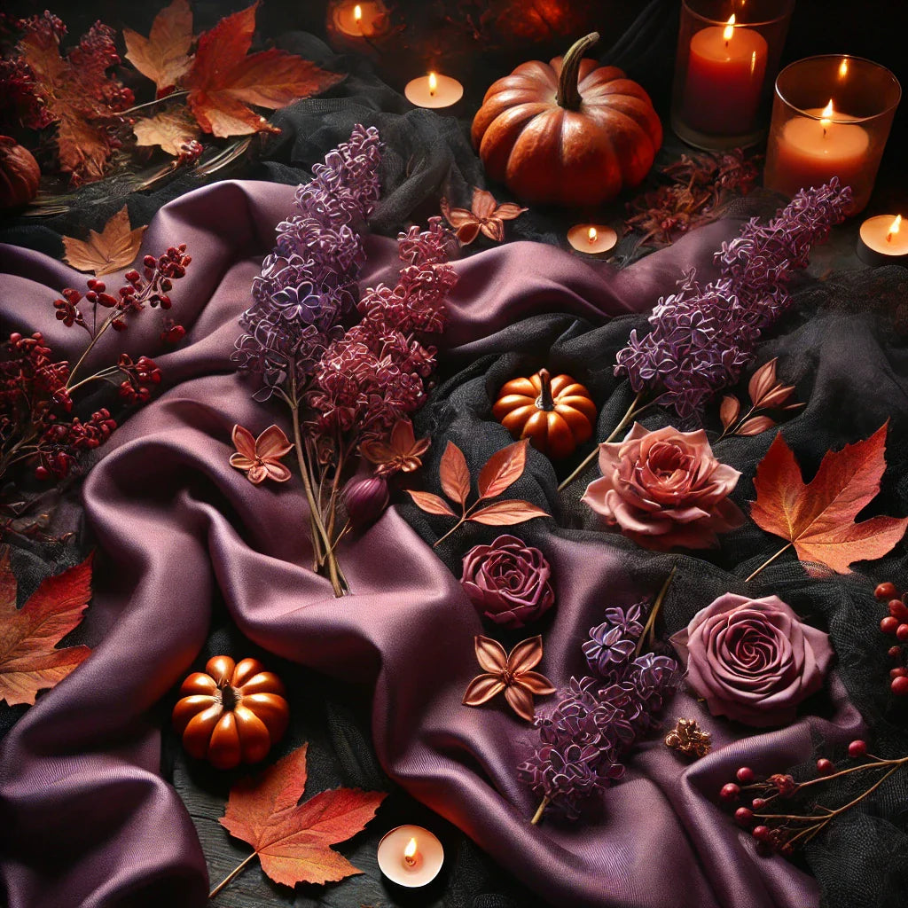 Autumn-themed flatlay featuring lilac flowers, roses, mini pumpkins, candles, and fall leaves arranged on luxurious purple satin fabric, evoking the warm, elegant fragrance profile of Bianca’s Twilight Violet laundry perfume.