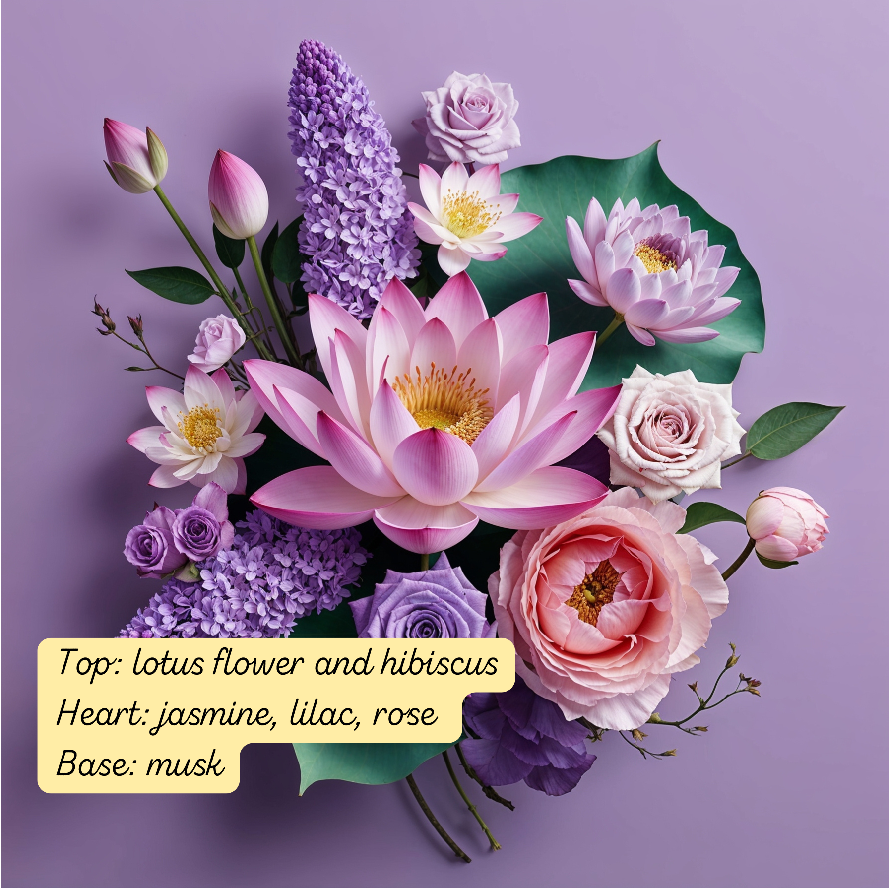 Floral arrangement showing lotus, hibiscus, jasmine, lilac, and rose, illustrating the Twilight Violet Daily Mist fragrance notes.