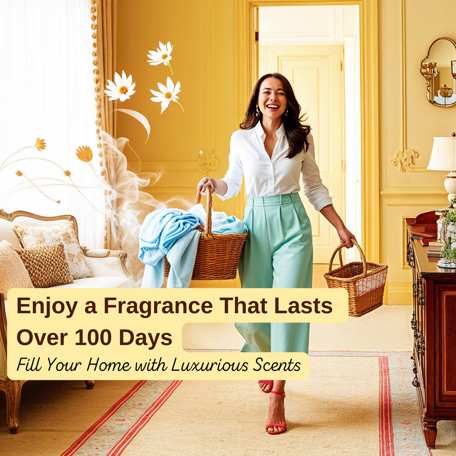 Woman carrying laundry baskets in a bright, elegant home with text overlay promoting long-lasting myBIANCA laundry fragrance.