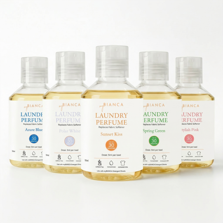 myBIANCA five 150ml laundry perfume bottles – Azure Blue, Polar White, Spring Green, Stylish Pink and Sunset Kiss.