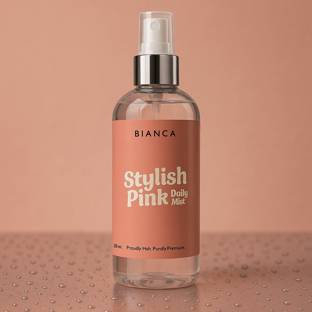MyBianca Stylish Pink Daily Mist bottle on a soft pink background.