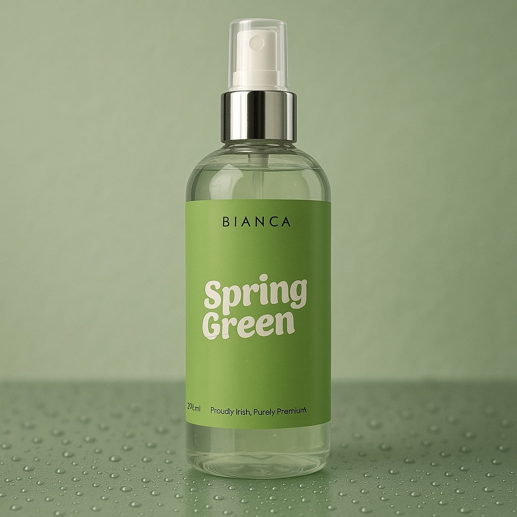 myBIANCA Spring Green Daily Mist bottle on a textured green surface, eco-friendly fabric freshening spray