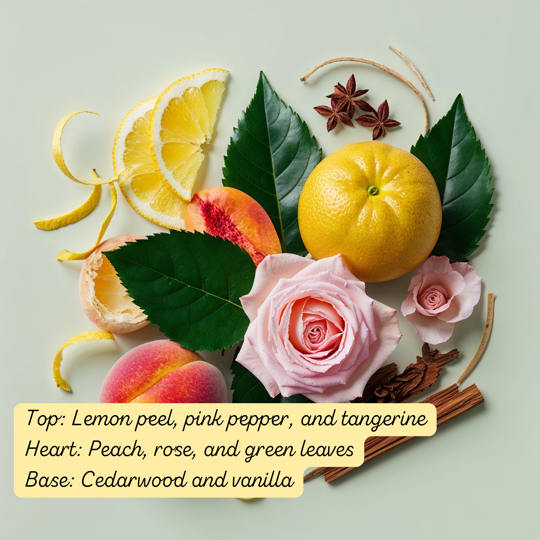 Spring Green Daily Mist scent composition with lemon peel, peach, rose, green leaves, and cedarwood arranged in a flat-lay style.