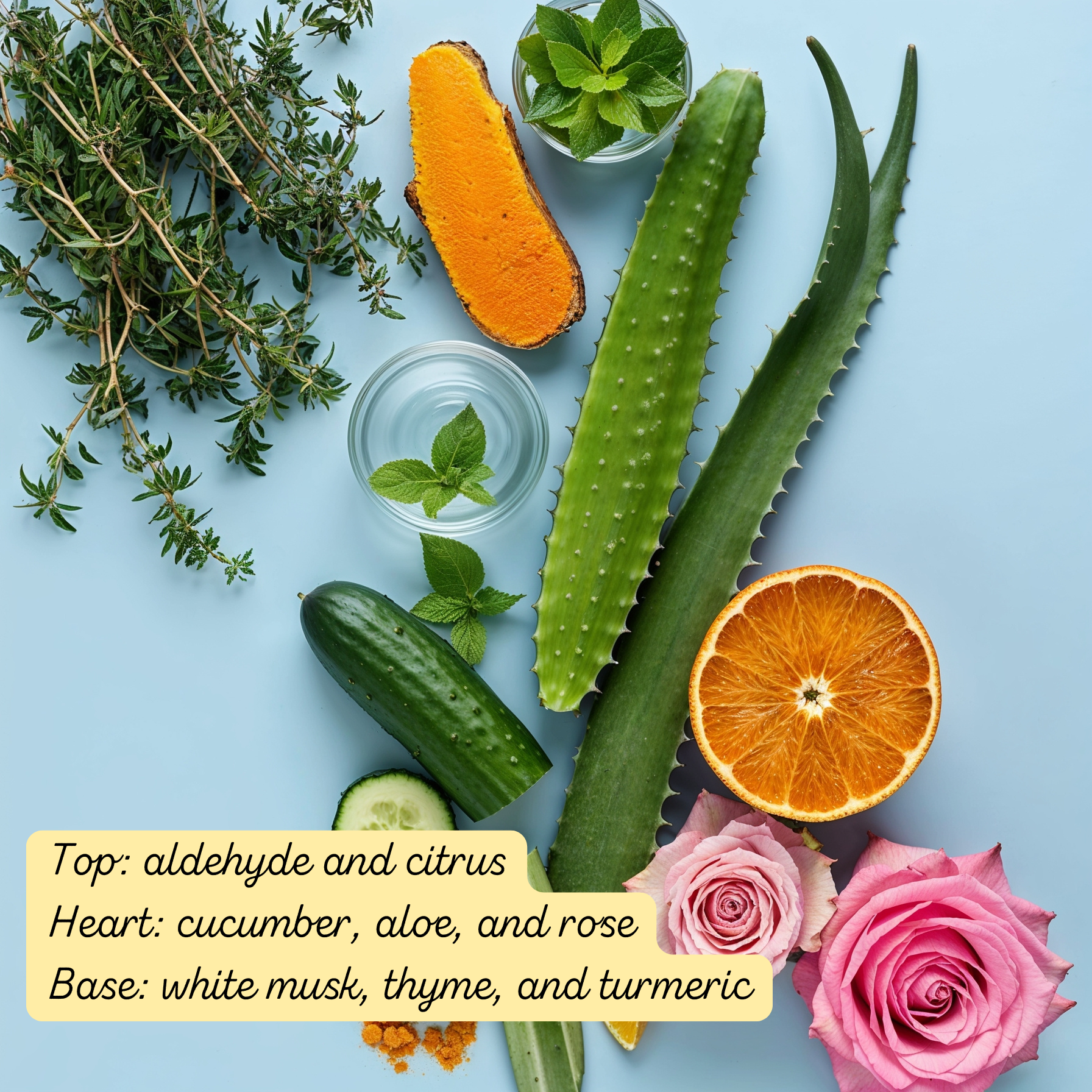 Flat-lay of Polar White Daily Mist fragrance ingredients including aloe, cucumber, citrus, mint, thyme, turmeric, and rose representing top, heart and base notes.