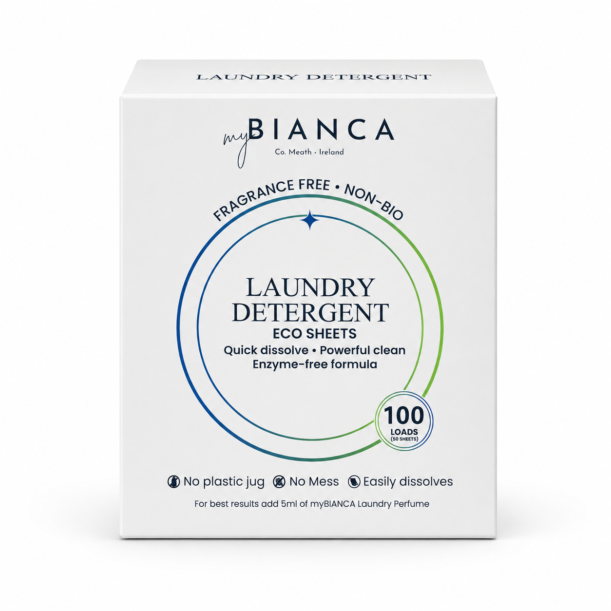 myBIANCA Laundry Detergent Eco Sheets box — 100 washes, fragrance-free non-bio, plastic-free.