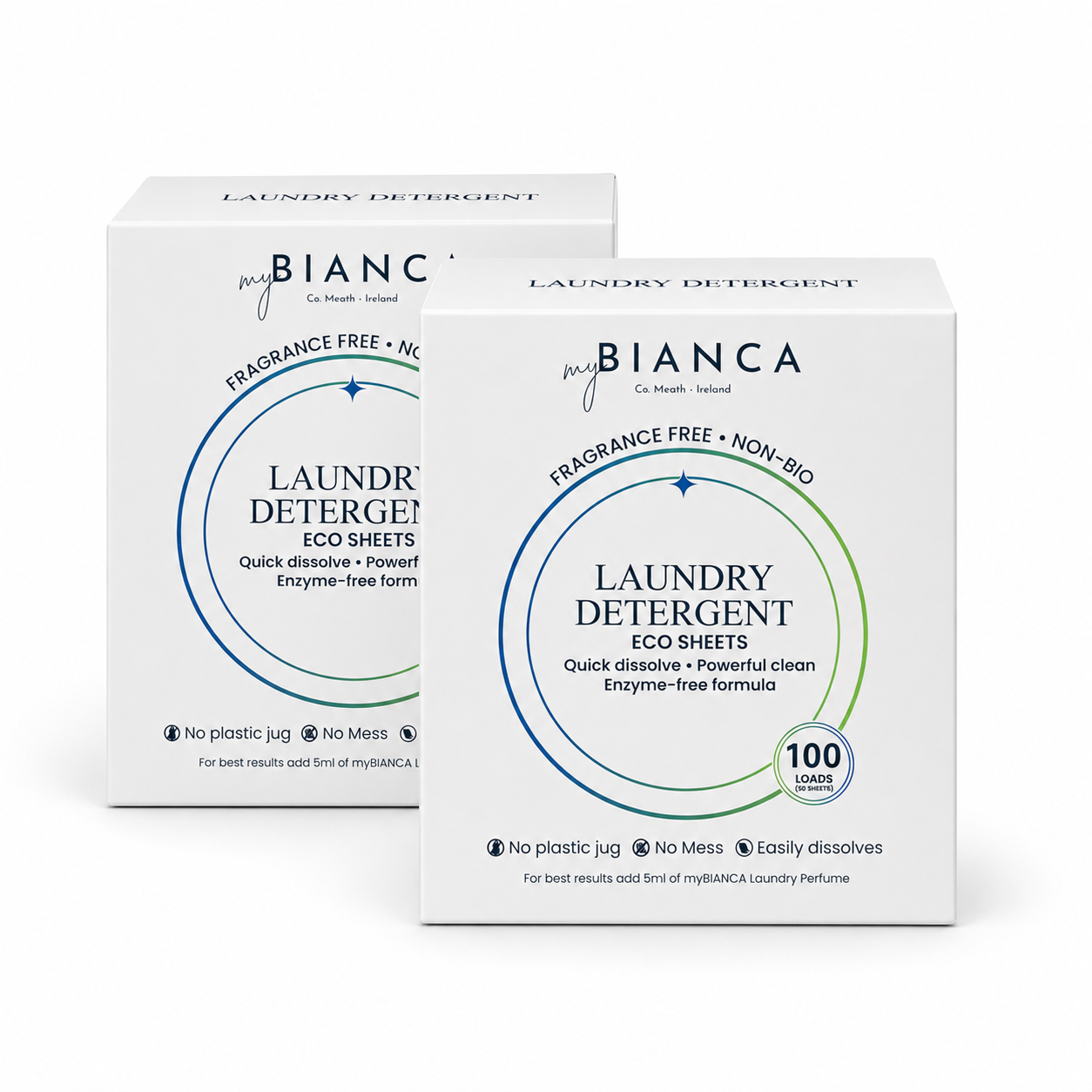 Two myBIANCA Laundry Detergent Eco Sheets boxes — 200 washes, 100 per box, fragrance-free non-bio, plastic-free.
