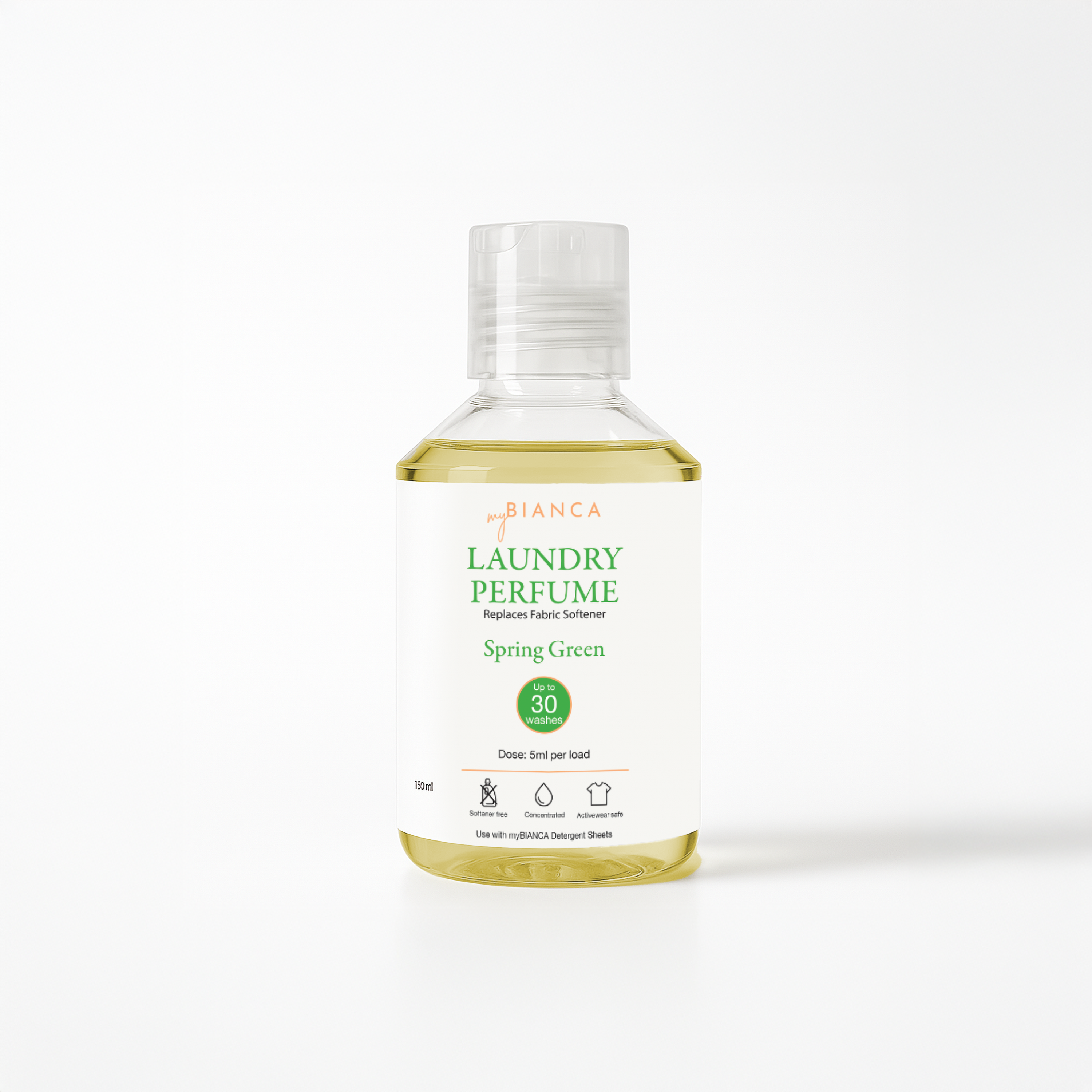 Bianca Spring Green Laundry Perfume 120ml bottle on a clean white background, concentrated fabric scent booster for up to 30 washes.