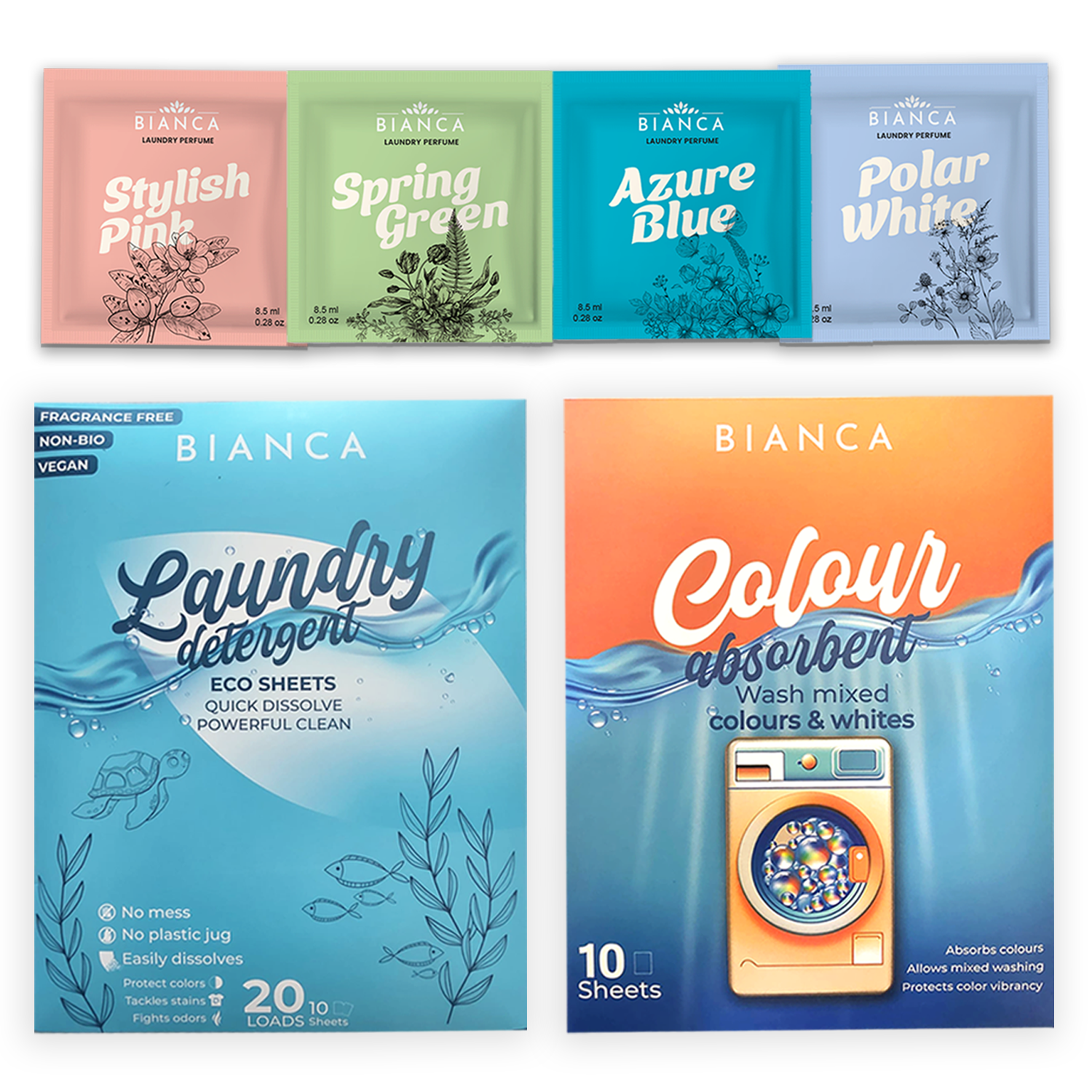 myBIANCA laundry sample set featuring four perfume sachets (Stylish Pink, Spring Green, Azure Blue, Polar White) alongside eco laundry detergent sheets and colour absorber sheets