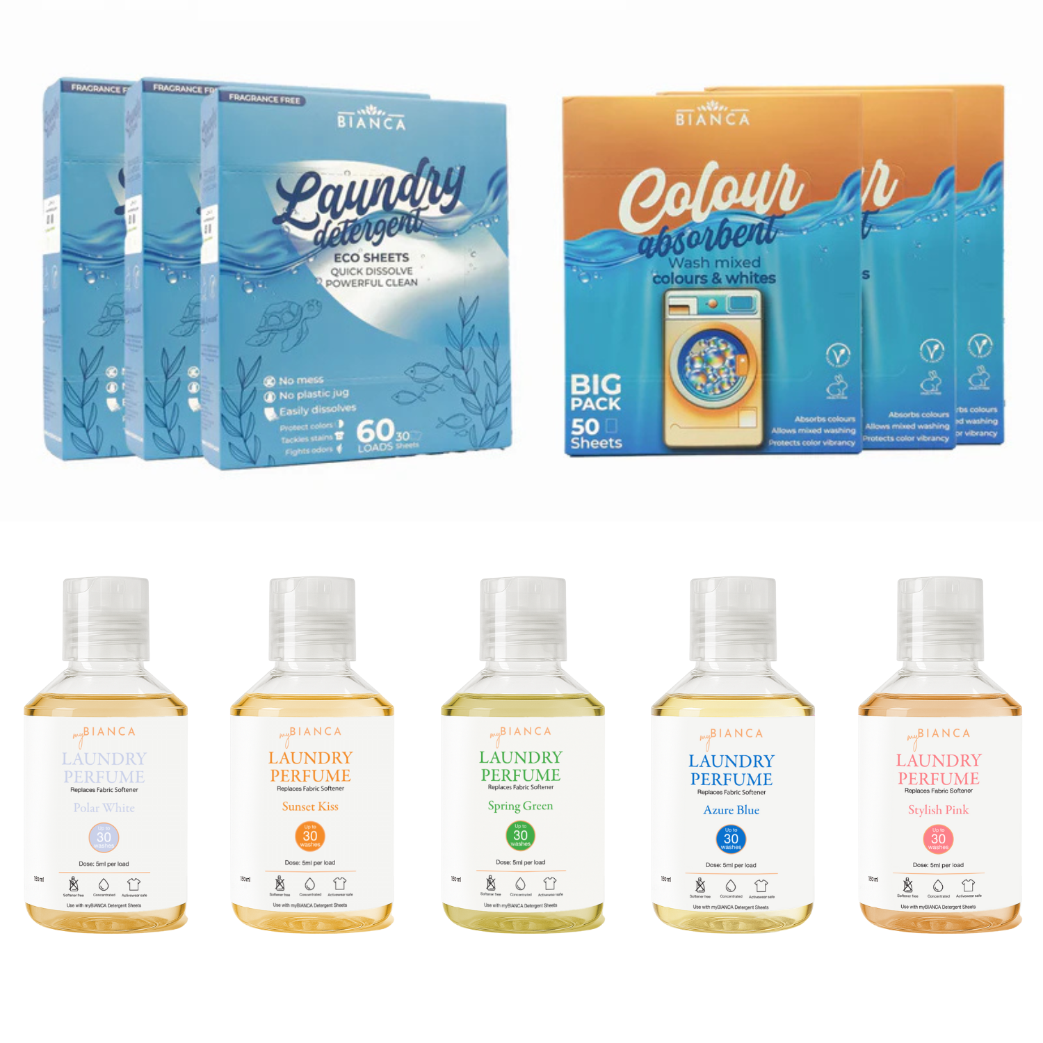 Ultimate Freshness & Care Laundry Bundle with myBIANCA detergent sheets, colour absorber sheets and five laundry perfumes.