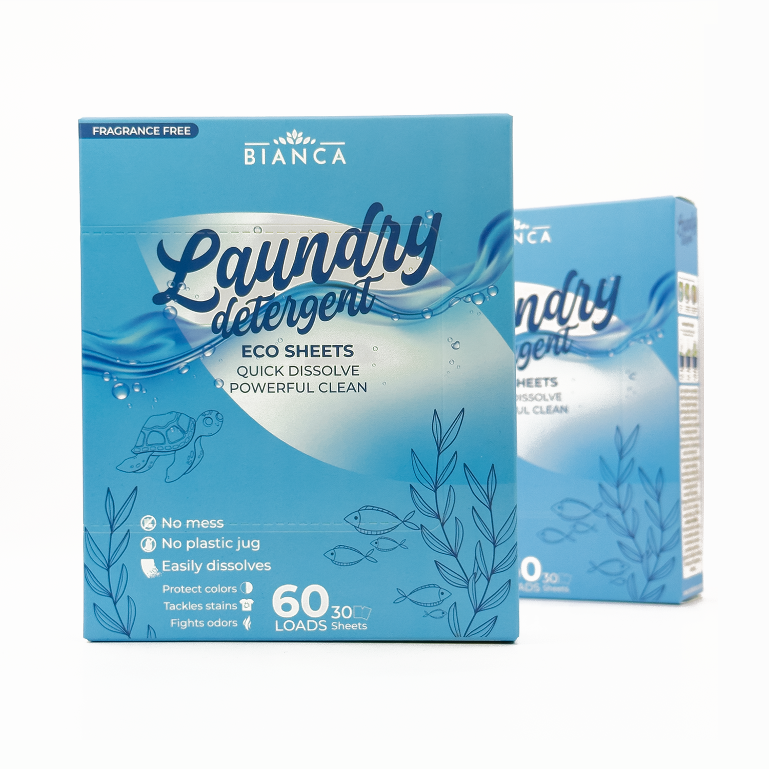 myBIANCA Laundry Detergent Eco Sheets 60-load box displayed on a white background, showing quick-dissolve, eco-friendly, fragrance-free detergent packaging.