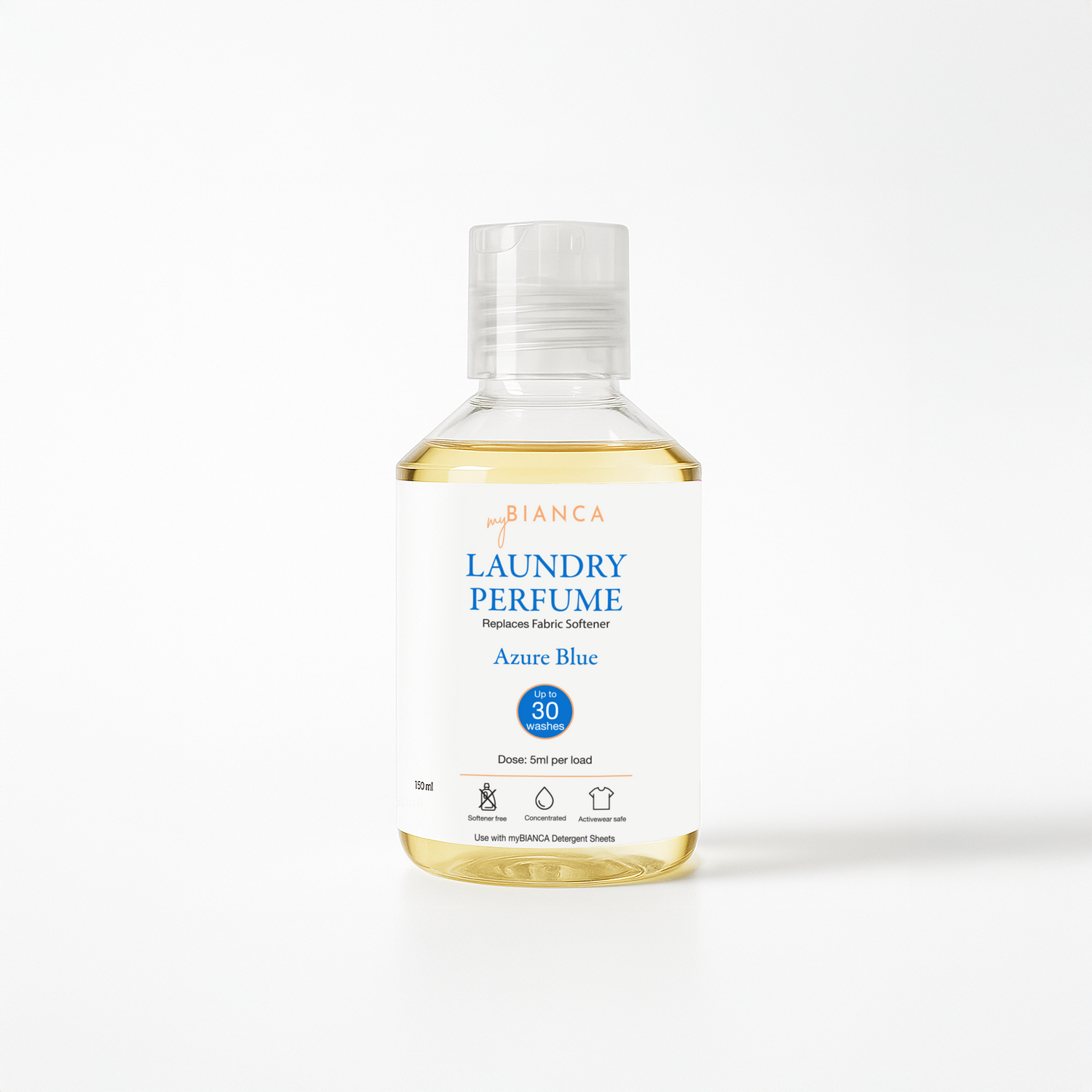 myBIANCA Azure Blue laundry perfume bottle on a clean white background, concentrated fragrance for up to 30 washes.