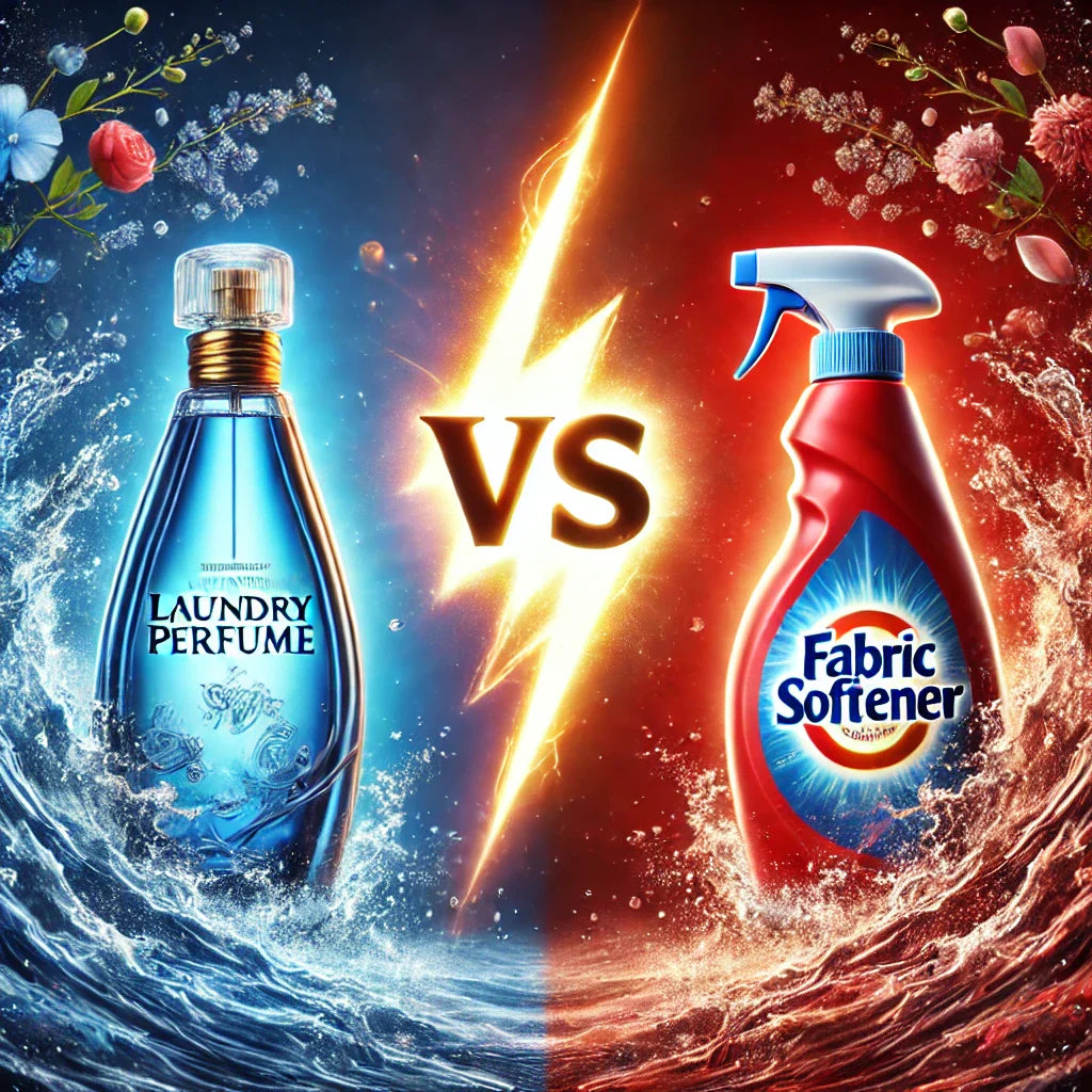 Laundry perfume bottle versus fabric softener bottle in a dramatic comparison scene with lightning and water effects, symbolising the difference between the two laundry products.