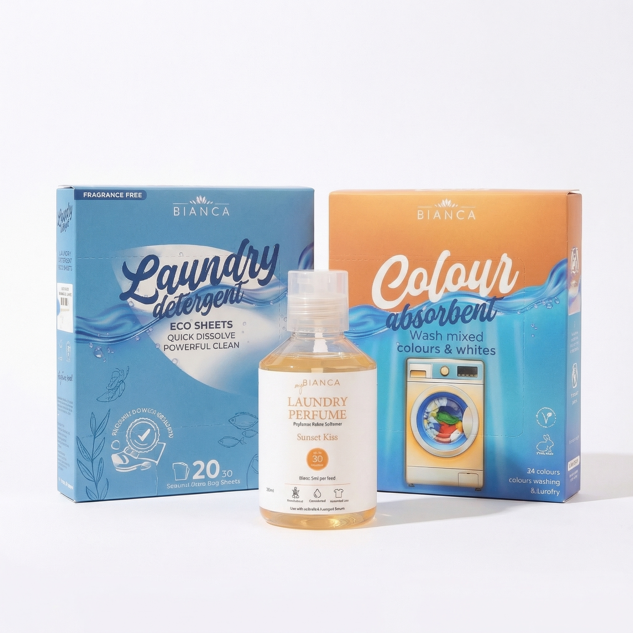 myBIANCA Laundry Care Bundle laid out with eco sheets, colour absorbers and laundry perfume.