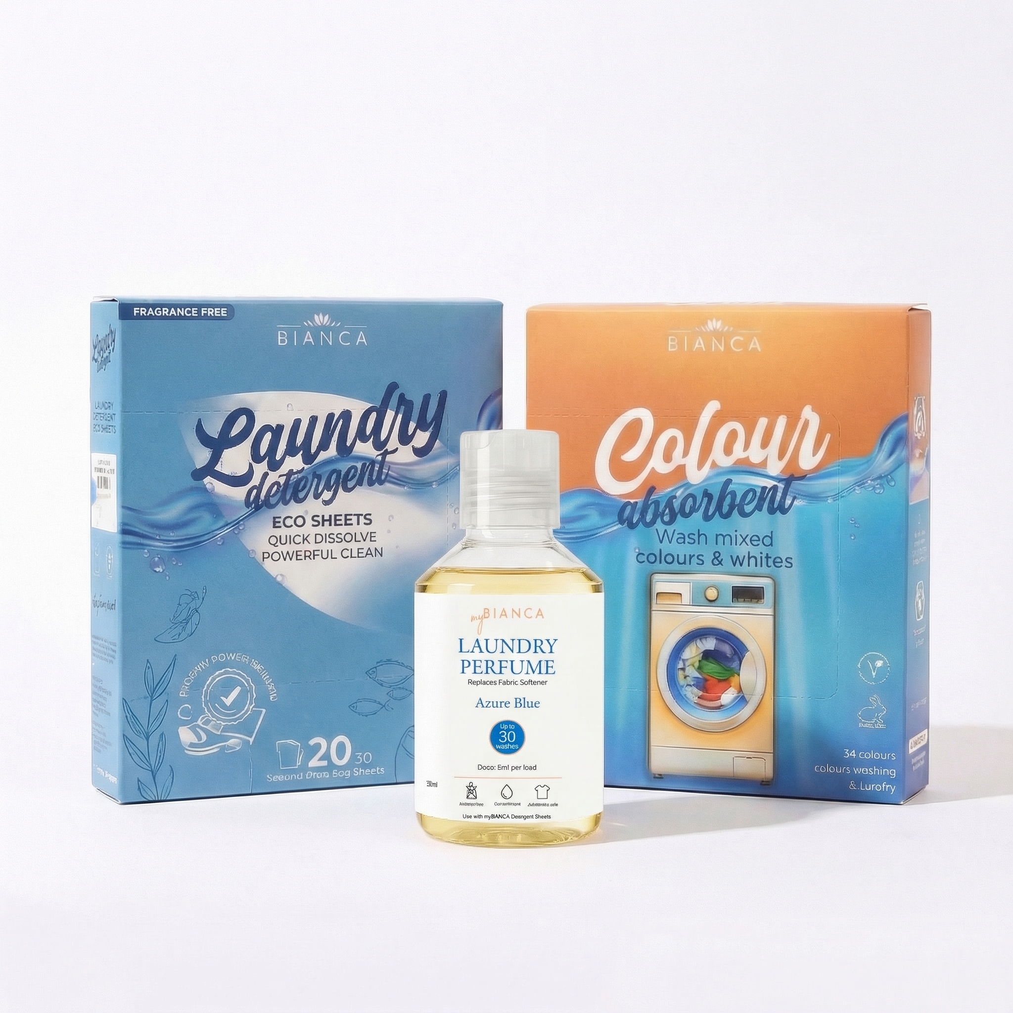 myBIANCA Laundry Care Bundle contents – detergent sheets, colour absorbers and scent booster.