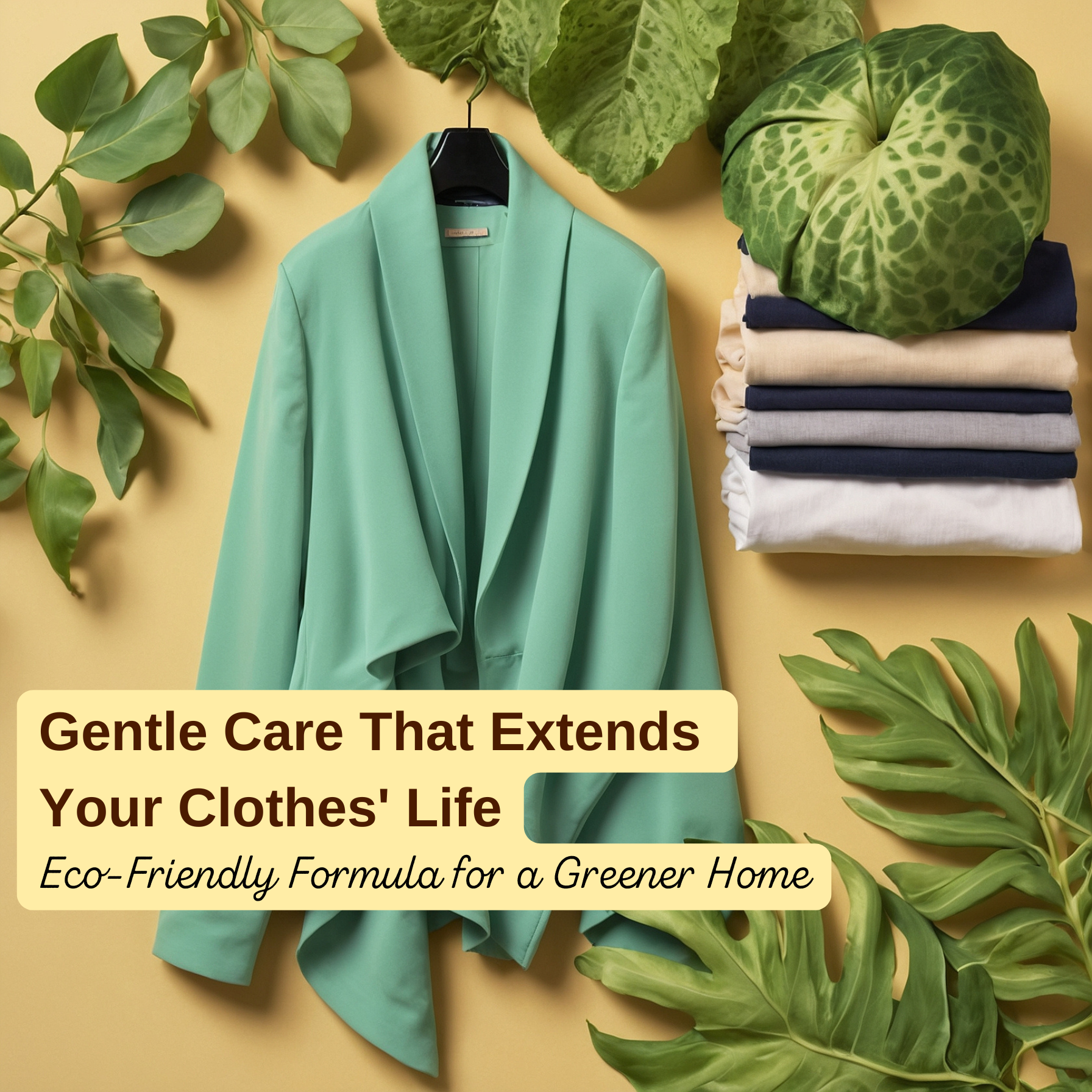 Folded clothes and a green jacket surrounded by tropical leaves with text promoting gentle, eco-friendly laundry care.