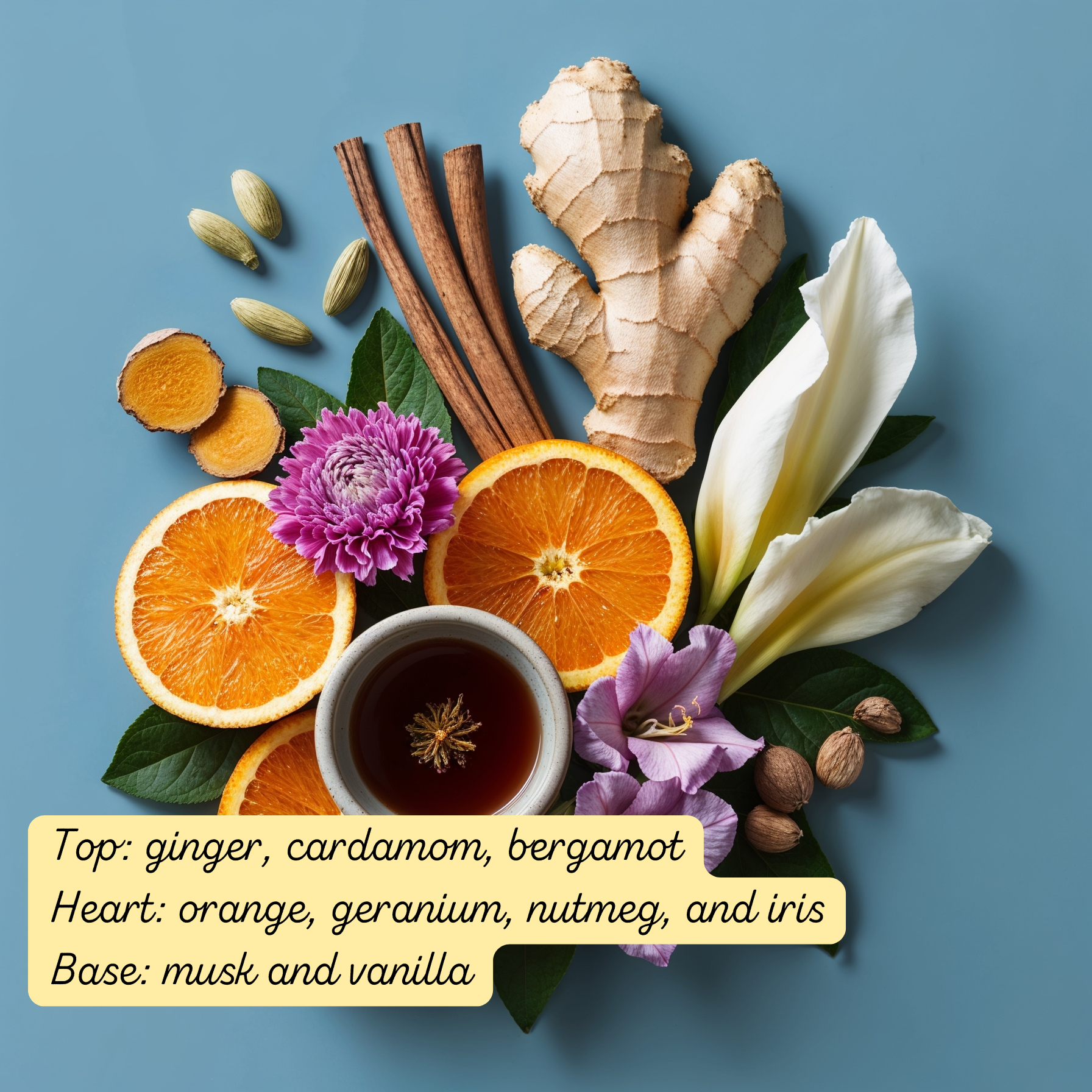 Azure Blue Daily Mist fragrance ingredients including ginger, cardamom, bergamot, citrus slices, florals, and vanilla to represent scent layers.
