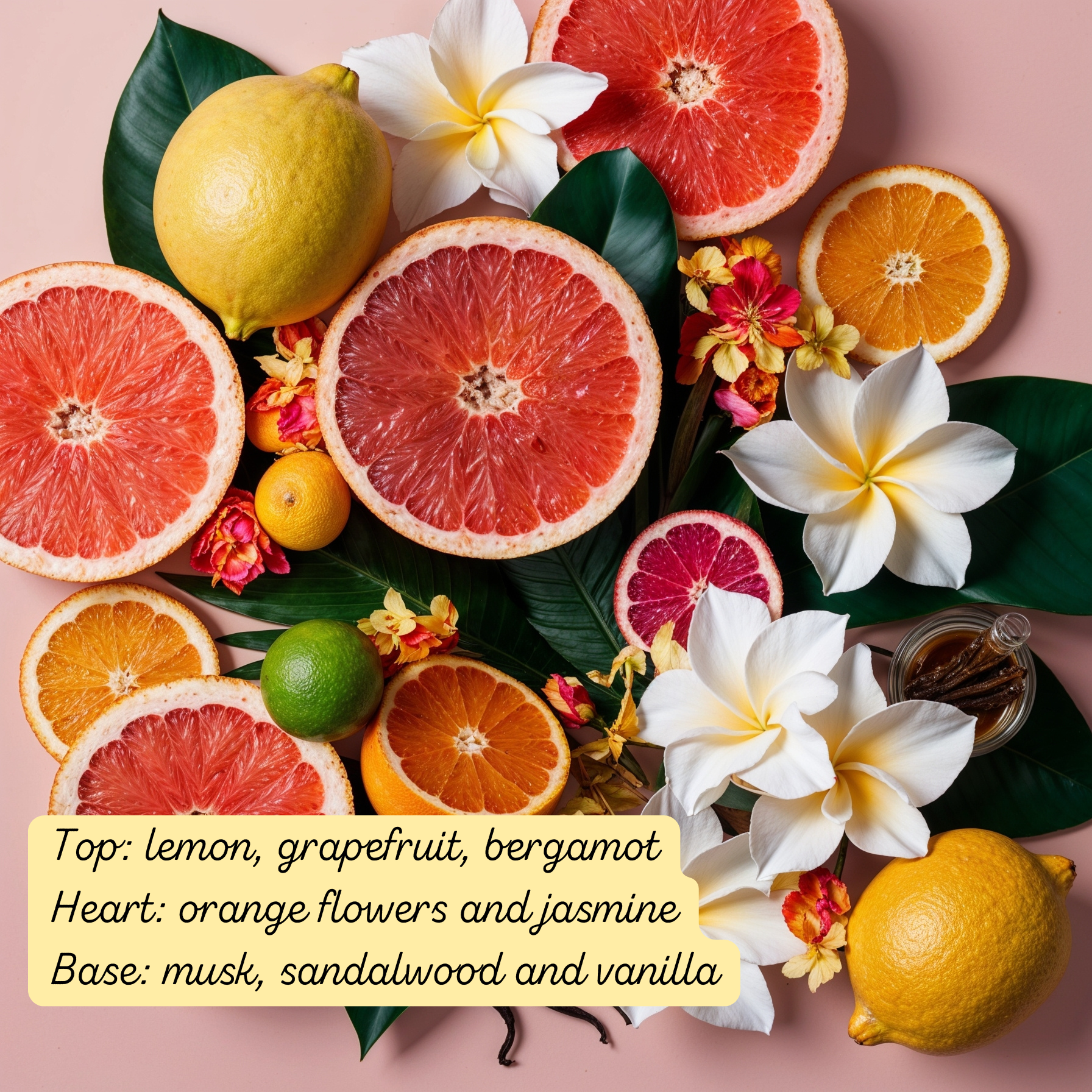 Sunset Kiss fragrance ingredients including grapefruit, lemon, bergamot, jasmine, and orange flowers arranged on a pink background.