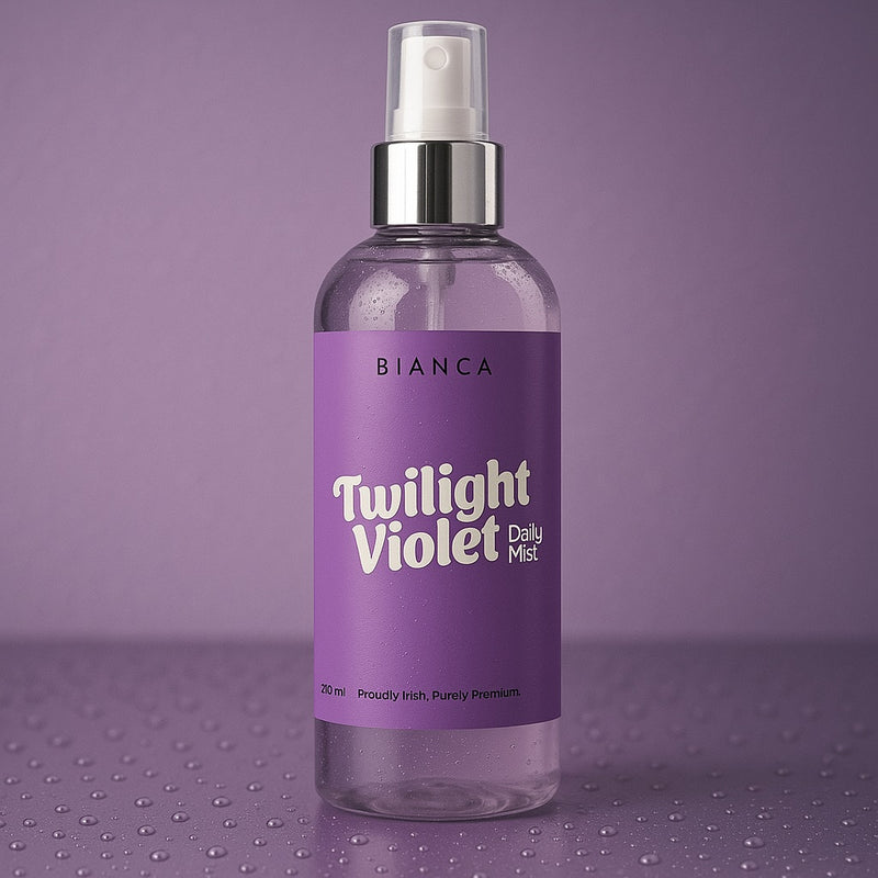 myBIANCA Twilight Violet Daily Mist bottle standing on a purple surface with water droplets, eco-friendly fabric spray in violet packaging.