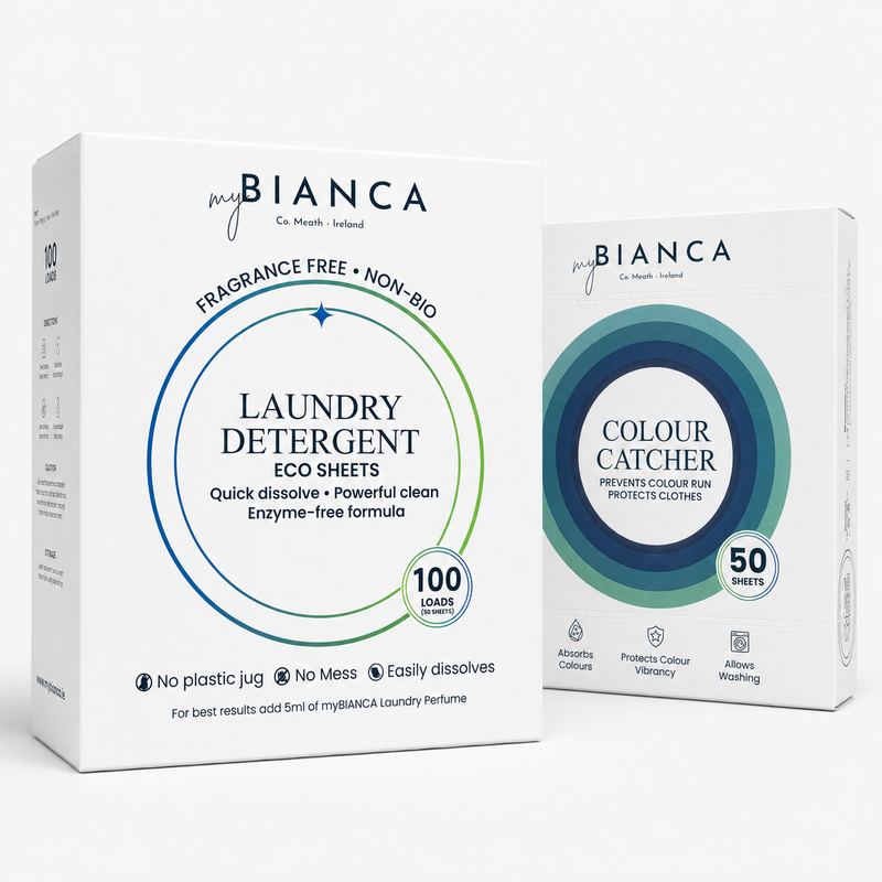myBIANCA Laundry Essentials Double Pack — laundry detergent sheets and colour catcher sheets boxes.
