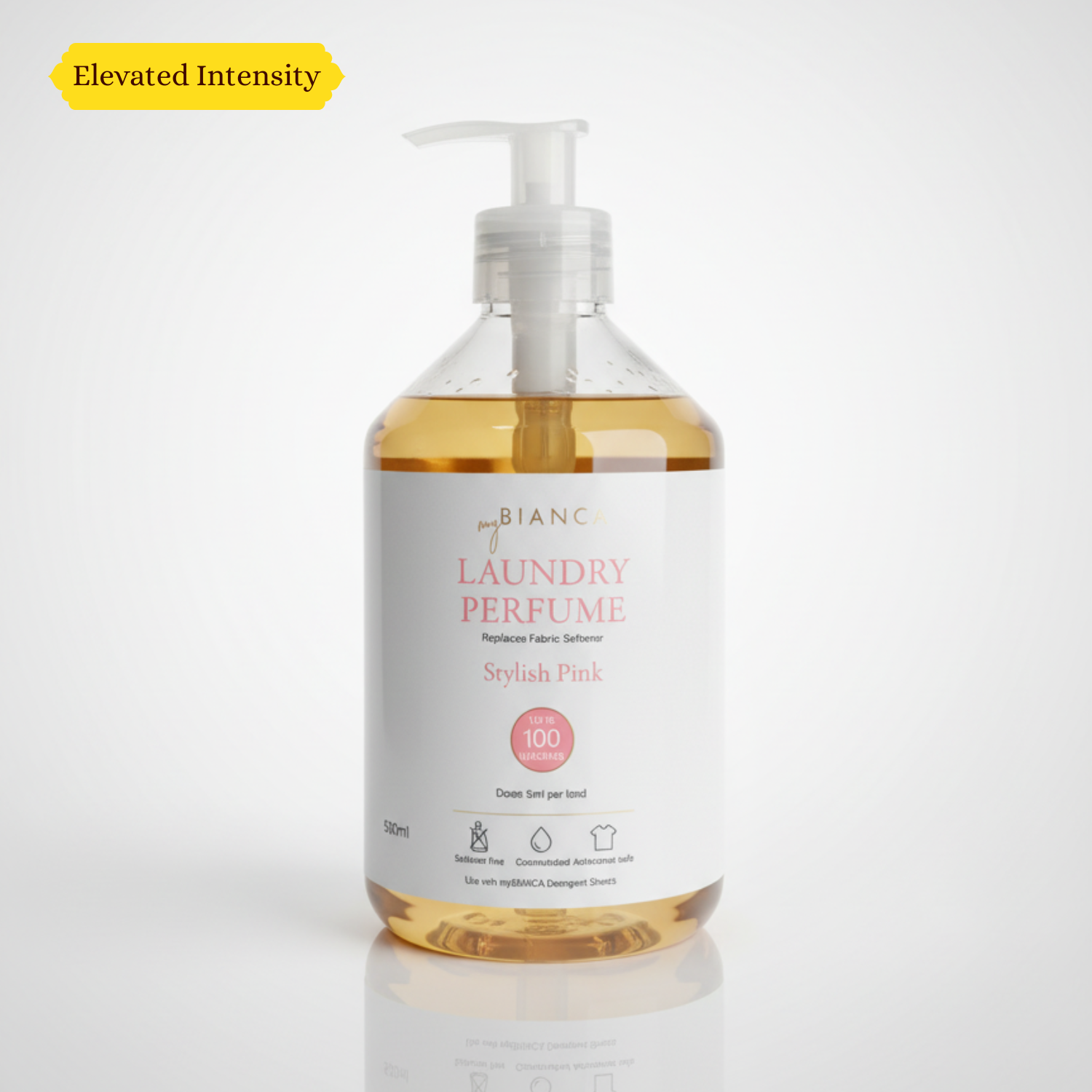 myBIANCA Stylish Pink Laundry Perfume 500ml bottle with elevated intensity label, shown on a clean white background.
