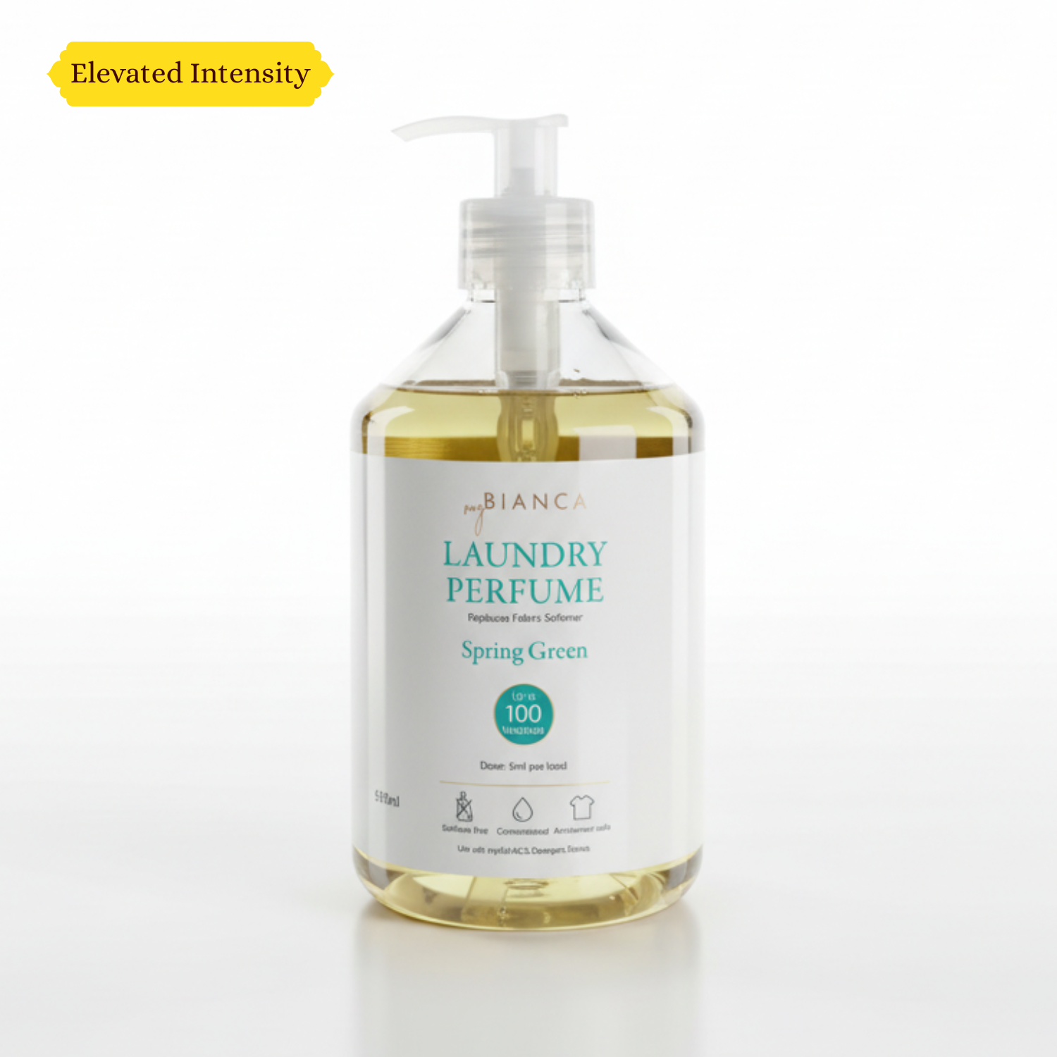 Bianca Spring Green Laundry Perfume 500ml bottle with pump, elevated intensity formula displayed on a clean white background.