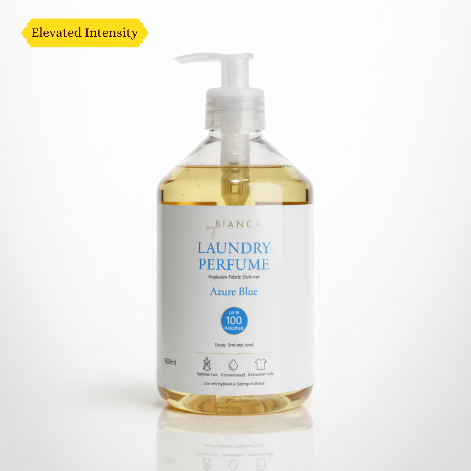 Bianca Azure Blue Laundry Perfume 500ml bottle with pump dispenser, filled with golden liquid, displayed on a clean white background with a yellow “Elevated Intensity” label in the top left corner.