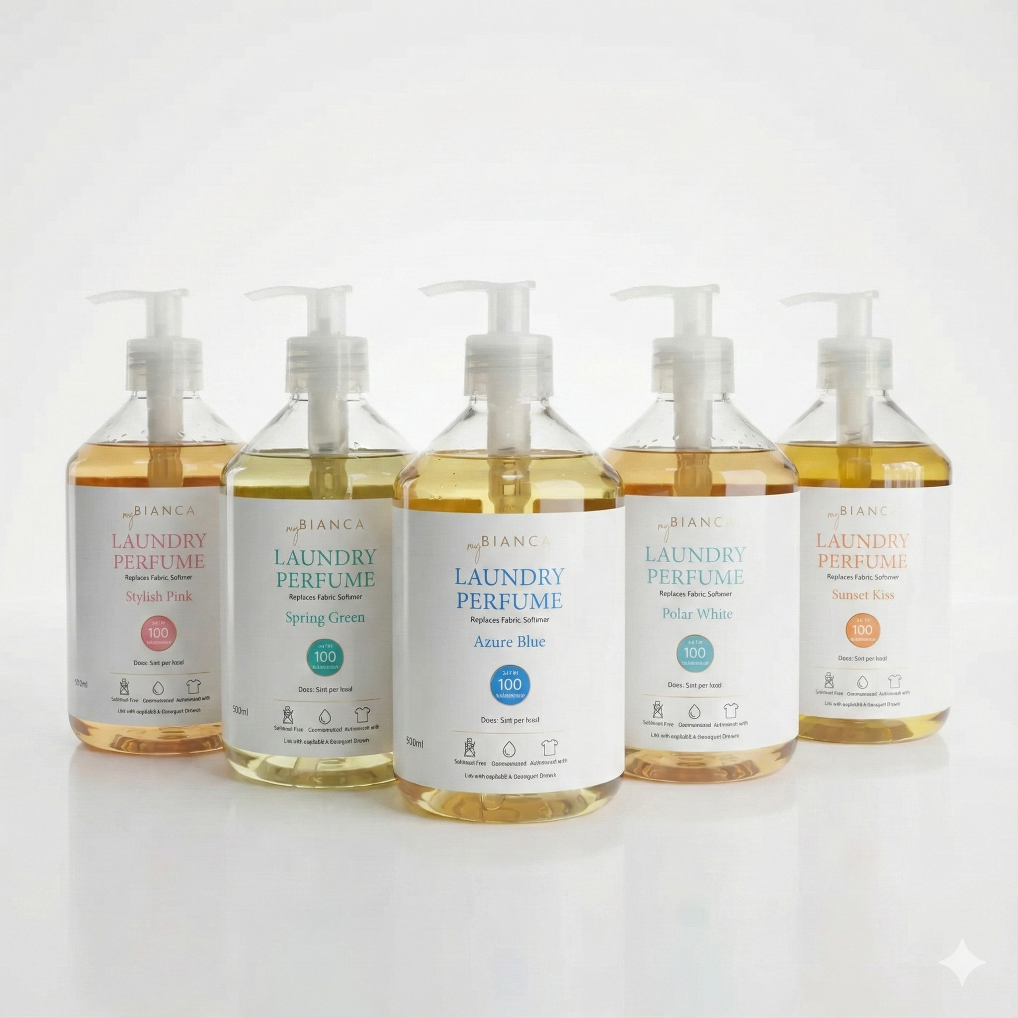 Five myBIANCA 500ml laundry perfume bottles—Stylish Pink, Spring Green, Azure Blue, Polar White, and Sunset Kiss—lined up on a white background.