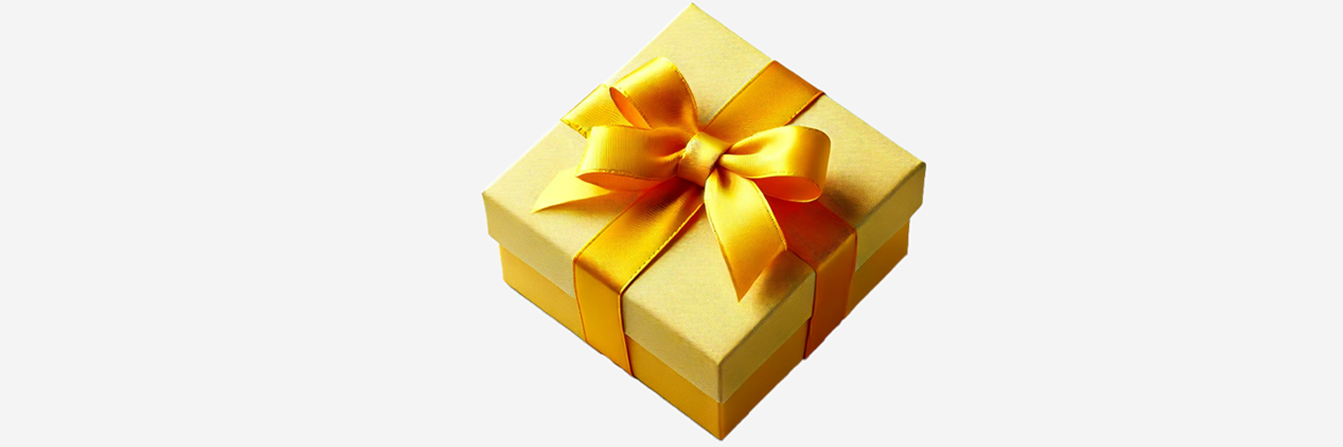 Golden gift box with a yellow ribbon bow