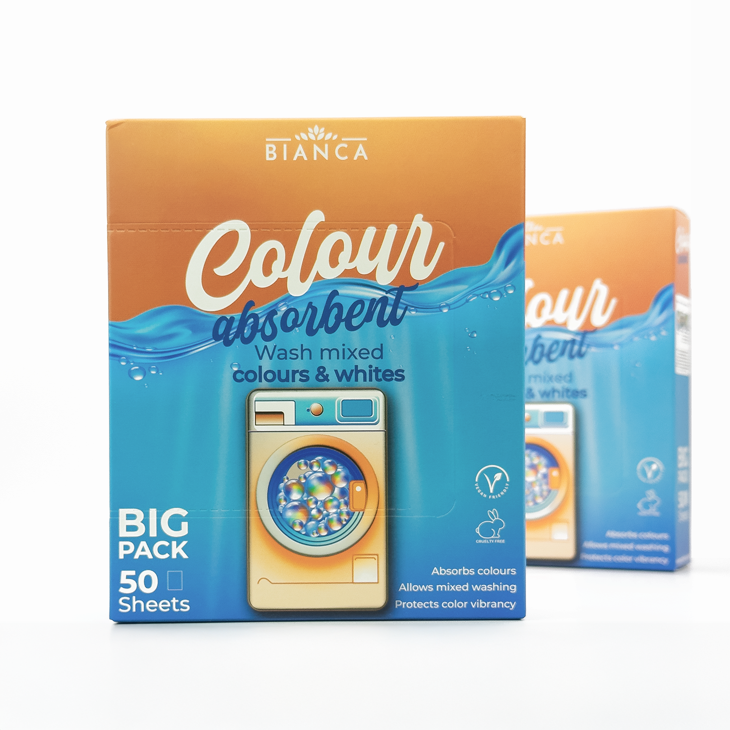 Bianca Colour Absorbent big pack box displayed against a clean white background, featuring washing machine illustration and “Wash mixed colours & whites” label.