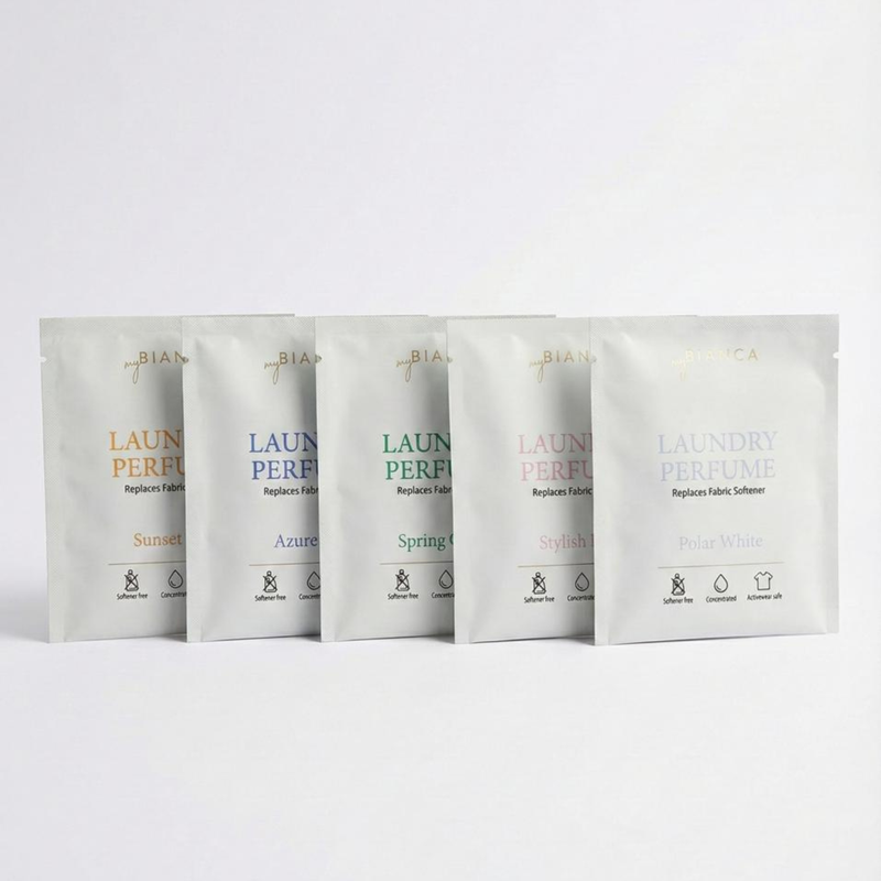 myBIANCA Laundry Perfume Sample Pack with five eco fragrance samples on a white background.