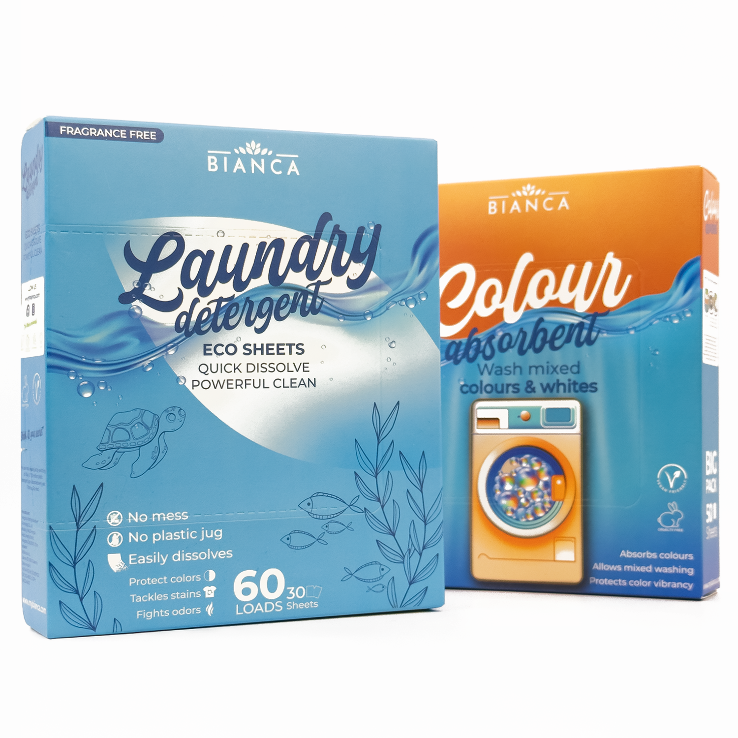 myBIANCA Laundry Detergent Eco Sheets and Colour Absorber Sheets boxes displayed side-by-side, highlighting eco-friendly cleaning and colour-protection products.